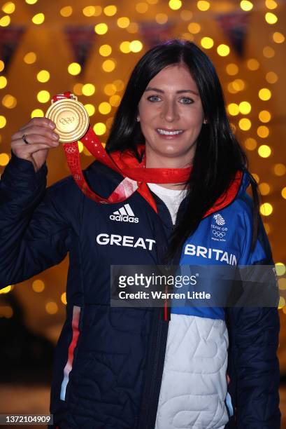 Curling Olympic gold medalist, Eve Muirhead of Team Great Britain poses for a portrait as she arrives back from the Beijing Winter Olympics pictured...