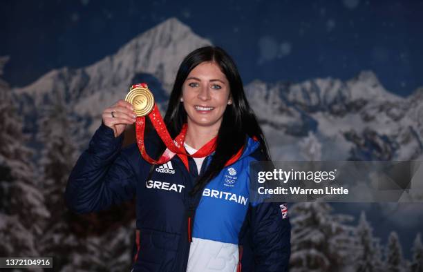 Curling Olympic gold medalist, Eve Muirhead of Team Great Britain poses for a portrait as she arrives back from the Beijing Winter Olympics pictured...