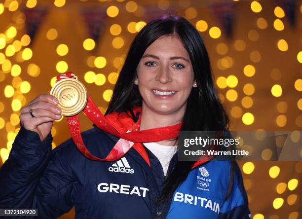 Curling Olympic gold medalist, Eve Muirhead of Team Great Britain poses for a portrait as she arrives back from the Beijing Winter Olympics pictured...