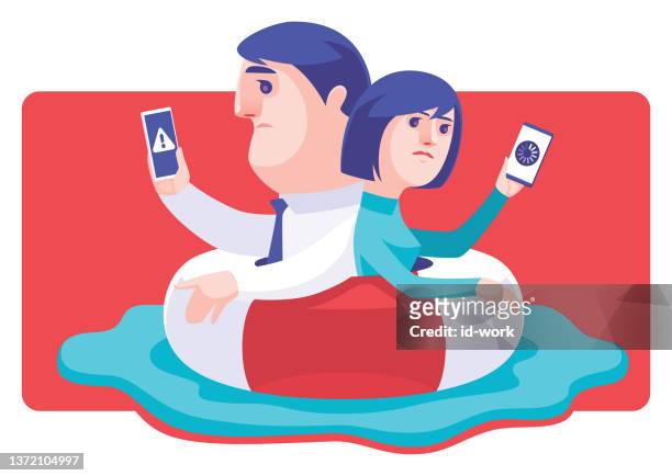 stockillustraties, clipart, cartoons en iconen met sad couple holding smartphones in buoy - 404 error