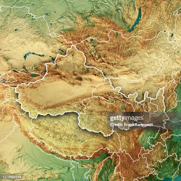 中国北西部地域 3d レンダー地形図のカラーボーダー - altai mountains ストックフォトと画像