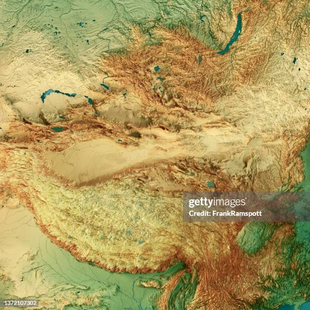 región noroeste de china render 3d mapa topográfico color - montañas de tien shan fotografías e imágenes de stock