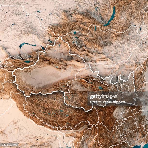 région du nord-ouest de la chine rendu 3d carte topographique frontière neutre - montagnes altaï photos et images de collection