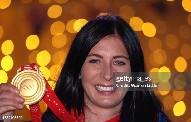 Curling Olympic gold medalist, Eve Muirhead of Team Great Britain poses for a portrait as she arrives back from the Beijing Winter Olympics pictured...