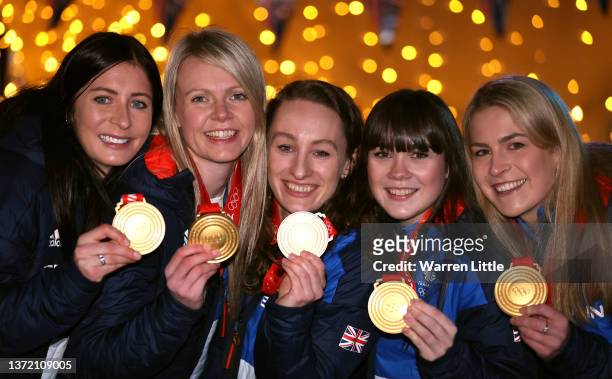 Curling Olympic gold medalists, Eve Muirhead, Vicky Wright, Jennifer Dodds, Hailey Duff and Milli Smith of Team Great Britain pose at a media photo...