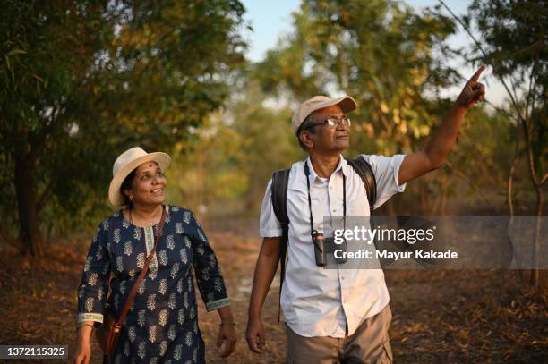 old senior couple walking through a forest - bird watching stock pictures, royalty-free photos & images