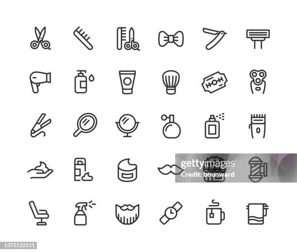 barber shop line icons bearbeitbarer strich - shaving brush stock-grafiken, -clipart, -cartoons und -symbole