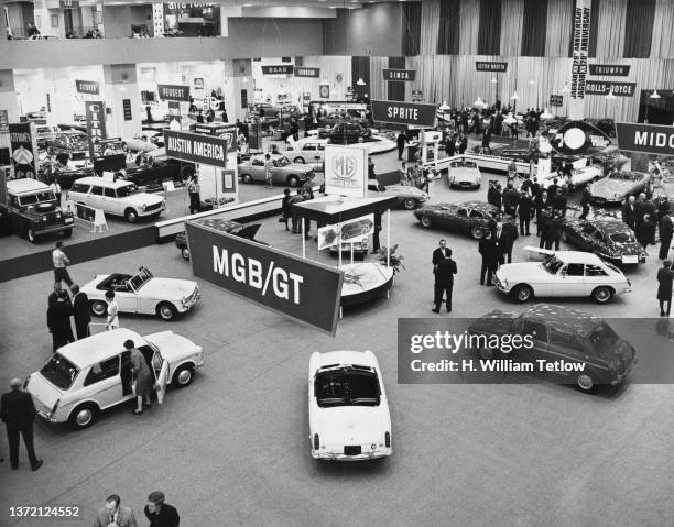 General view of the British Motor Corporation stand during the New York International Auto Show at the New York Coliseum convention center on 2nd...