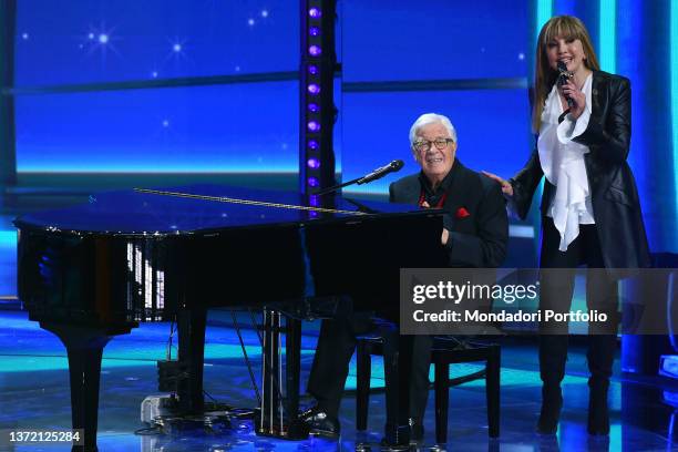 Italian tv host Milly Carlucci and the italian singer Peppino di Capri during the tv broadcast Il Cantante Mascherato at Rai Auditorium of the Foro...