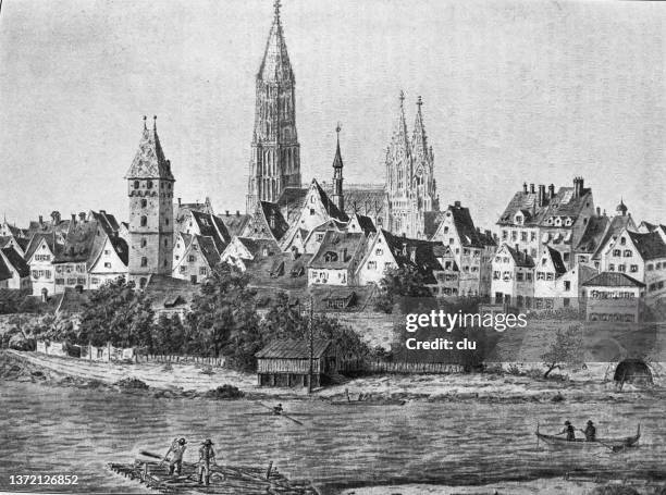 ulm skyline, seen from neu-ulm - neu stock illustrations