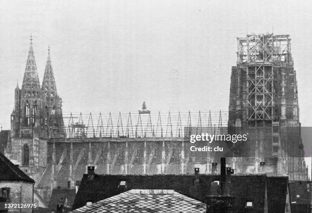 ulm minster, topping out ceremony for the iron roof truss, september 29, 1885 - topping out ceremony stock illustrations