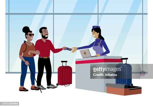 ilustrações, clipart, desenhos animados e ícones de desativar pessoas fazendo check-in para viagens - acesso para deficientes