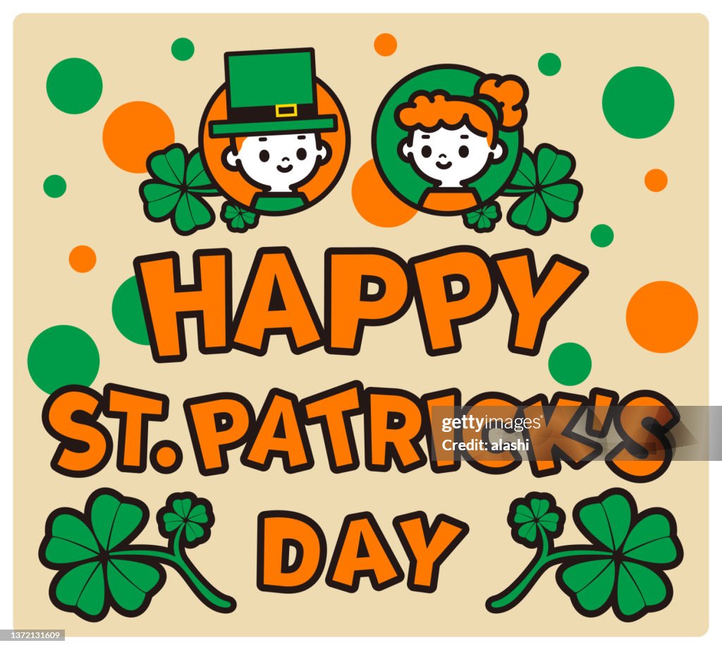 Happy St. Patrick's Day hand-drawn lettering logotype with icons of a cute boy and girl in Saint Patrick's Day costume