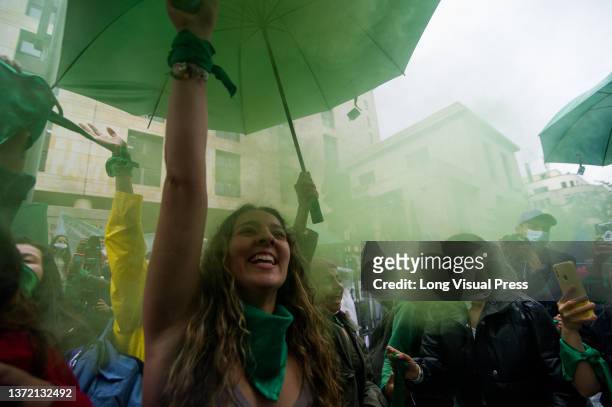 Pro-choice movements celebrate outside in support of the decriminalization of abortions from the penal code, outside the Constitutional Court in...