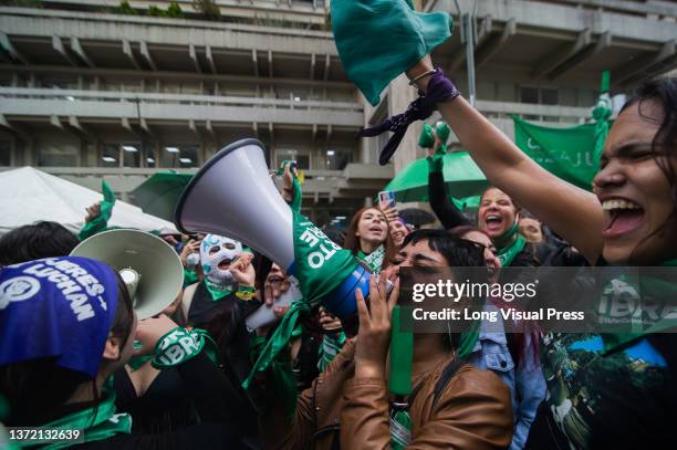 Pro-choice movements celebrate outside in support of the decriminalization of abortions from the penal code, outside the Constitutional Court in...