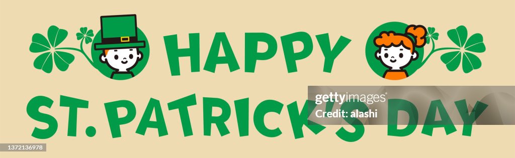 Happy St. Patrick's Day hand-drawn lettering logotype with icons of a cute boy and girl in Saint Patrick's Day costume
