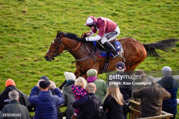Jonathan Burke riding Lady Adare clear the last to win The Royal Bath & West Of England Society EBF Mares' 'National Hunt' Novices' Hurdle at Taunton...