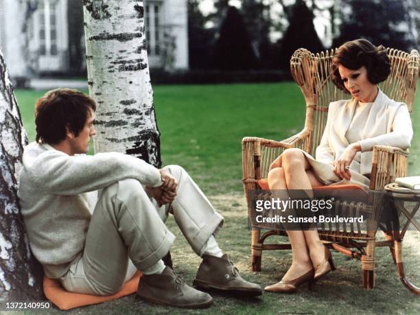 British actor Terence Stamp and Italian actress Silvana Mangano on the set of the film “Theoreme” directed by Pier Paolo Pasolini.