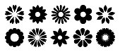Flower icons. Flower silhouettes. Symbol of floral design. Pattern of daisy, rose and chamomile. Set of cartoon simple graphic shape isolated on white background. Vector