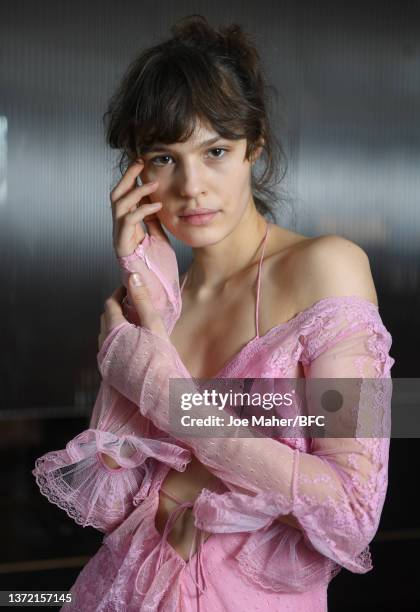 Model poses at the Preen by Thornton Bregazzi presentation during London Fashion Week February 2022 on February 22, 2022 in London, England.