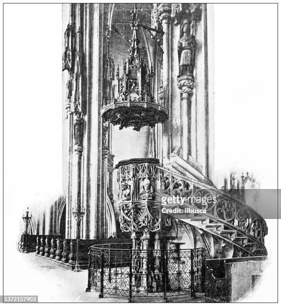 antique travel photographs of vienna: st stephens cathedral - pulpit stock illustrations
