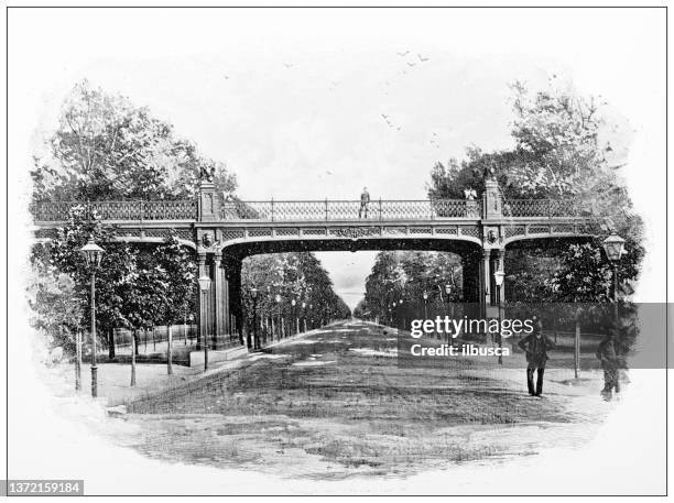 antique travel photographs of vienna: entrance to prater - prater amusement park stock illustrations