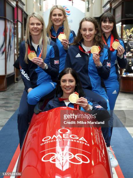 Eve Muirhead, Vicky Wright, Jennifer Dodds , Hailey Duff, and Milli Smith members of Team GB womens curling team visit the OMEGA Olympic House in the...
