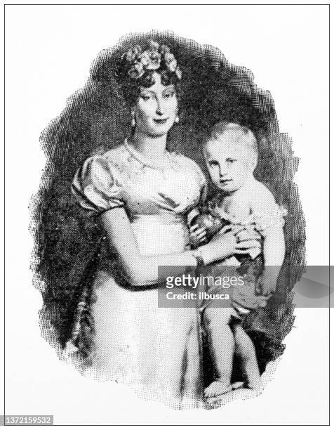 antique travel photographs of vienna: "marie louise and the king of rome" painting - royal baby mamas stock illustrations