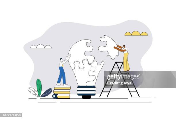 two white-collar workers are assembling electric lights. - changing lightbulb stock illustrations