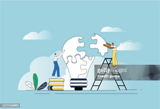 two white-collar workers are assembling electric lights. - man changing lightbulb stock illustrations