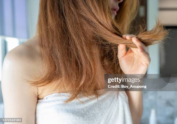 cropped shot view of woman holding her damaged split ended and messy hair. - frizzy hair stockfoto's en -beelden