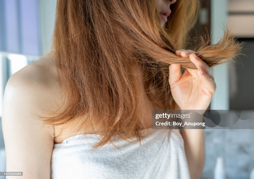 Cropped shot view of woman holding her damaged split ended and messy hair.