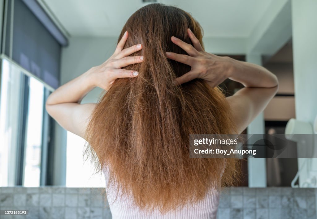 Rear view of woman with her messy and damaged split ended hair.