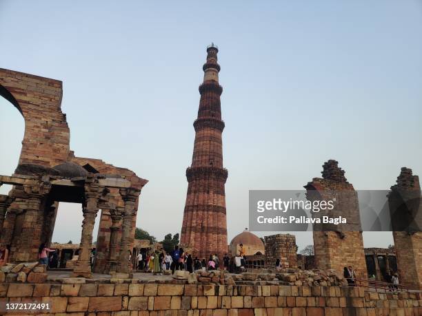 Views of the Qutab Minar the massive Victory Tower, the one thousand year old minaret, a public monument in the heart of New Delhi. Seen on February...
