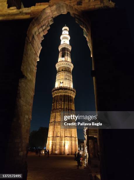 Views of the Qutab Minar the massive Victory Tower, the one thousand year old minaret, a public monument in the heart of New Delhi. Seen on February...