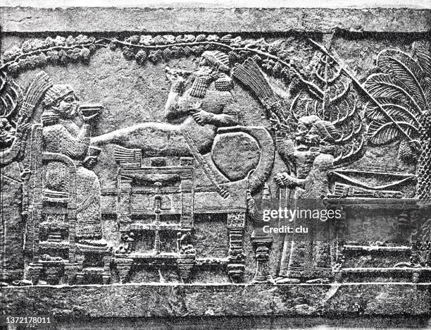 ashurnasirpali, assyrian king havine meal with his wife in the garden - ancient babylon stock illustrations