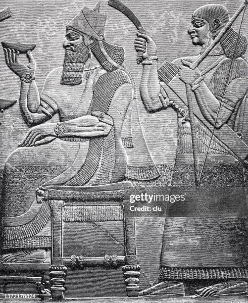 ashurnasirpali, assyrian king on the throne - babylonia stock illustrations