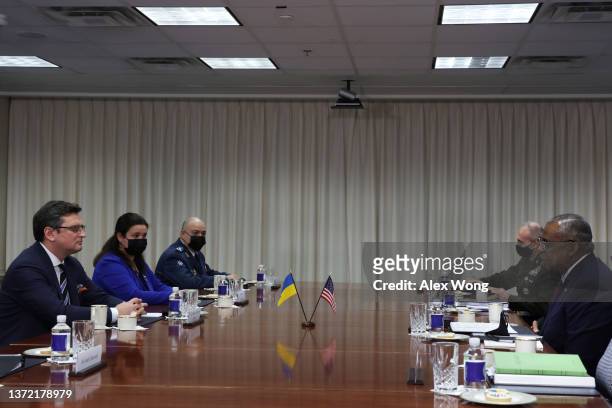 Secretary of Defense Lloyd Austin participates in a bilateral meeting with Foreign Minister Dmytro Kuleba of Ukraine at the Pentagon on February 22,...
