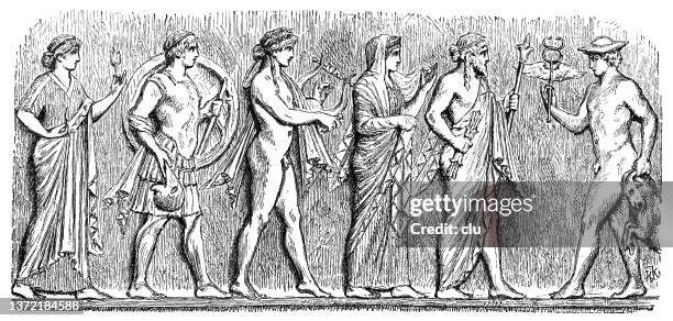 aphrodite, ares, apollo, hera, zeus, hermes - relief from a greek altar - ares god stock illustrations