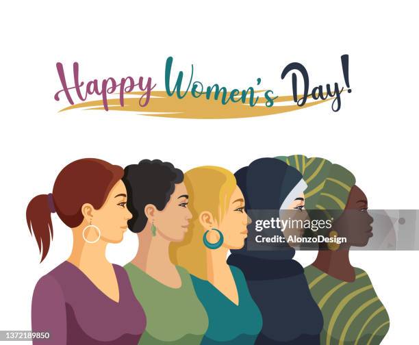 ilustrações de stock, clip art, desenhos animados e ícones de greeting card for international women's day. - dia internacional da mulher