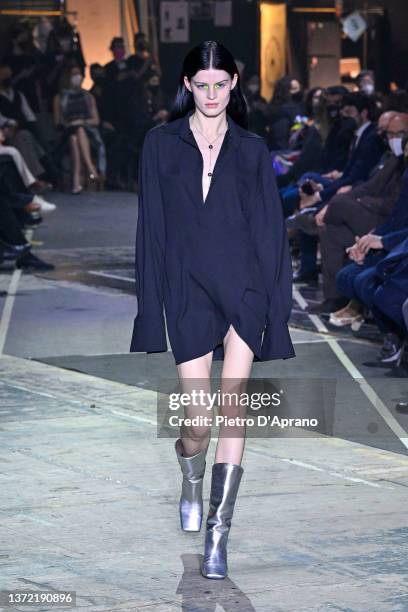 Model walks the runway at the Capasa Milano fashion show during the Milan Fashion Week Fall/Winter 2022/2023 on February 22, 2022 in Milan, Italy.