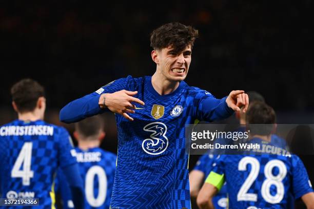 Kai Havertz of Chelsea celebrates after scoring their team's first goal during the UEFA Champions League Round Of Sixteen Leg One match between...