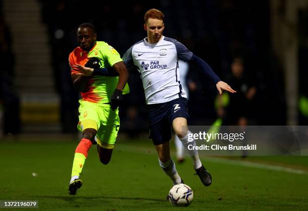 Keinan Davis of Nottingham Forest challenges Sepp van den Berg of Preston North End during the Sky Bet Championship match between Preston North End...