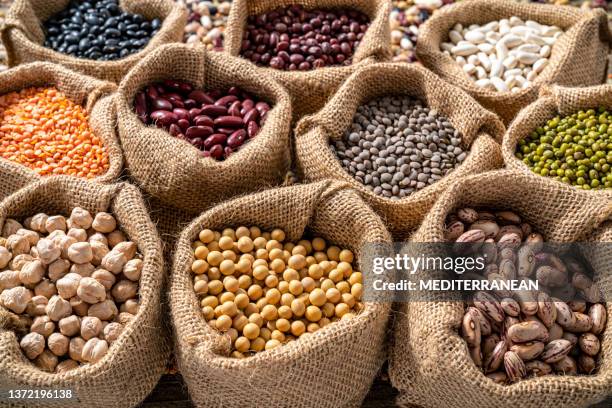 assorted legumes in burlap sacks in a row as a full frame background - legumes imagens e fotografias de stock