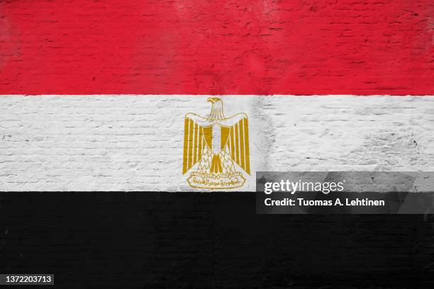 full frame photo of a weathered flag of egypt painted on a plastered brick wall. - egyptian flag stock pictures, royalty-free photos & images