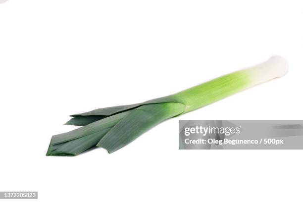 large welsh green leek,close-up of leaf over white background - welsh culture stock-fotos und bilder