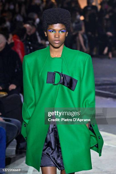 Model walks the runway at the Capasa Milano fashion show during the Milan Fashion Week Fall/Winter 2022/2023 on February 22, 2022 in Milan, Italy.