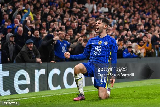 Christian Pulisic of Chelsea celebrates after scoring their team's second goal during the UEFA Champions League Round Of Sixteen Leg One match...