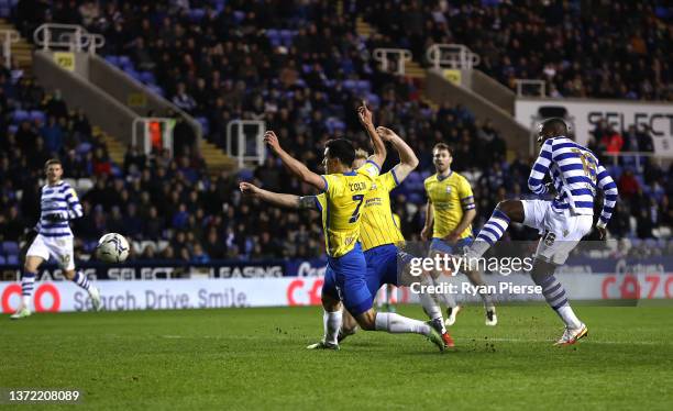 Lucas Joao of Reading scores their team's first goal during the Sky Bet Championship match between Reading and Birmingham City at Madejski Stadium on...