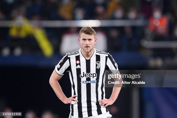 Matthijs de Ligt of Juventus reacts during the UEFA Champions League Round Of Sixteen Leg One match between Villarreal CF and Juventus at Estadio de...